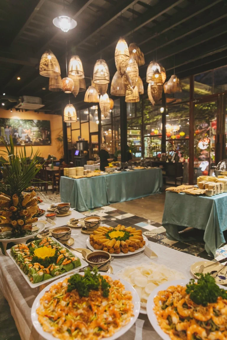 Không gian phòng tiệc gia đình ấm cúng với rèm lụa và sàn gạch bông hoài cổ tại Quán Bụi Garden Thảo Điền, nhà hàng Thảo Điền ngon