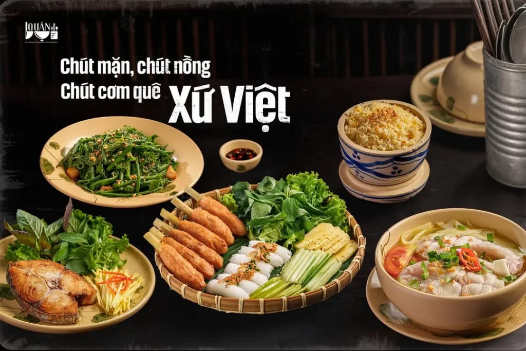 Mâm cơm nhà truyền thống ấm cúng tại Quán Bụi