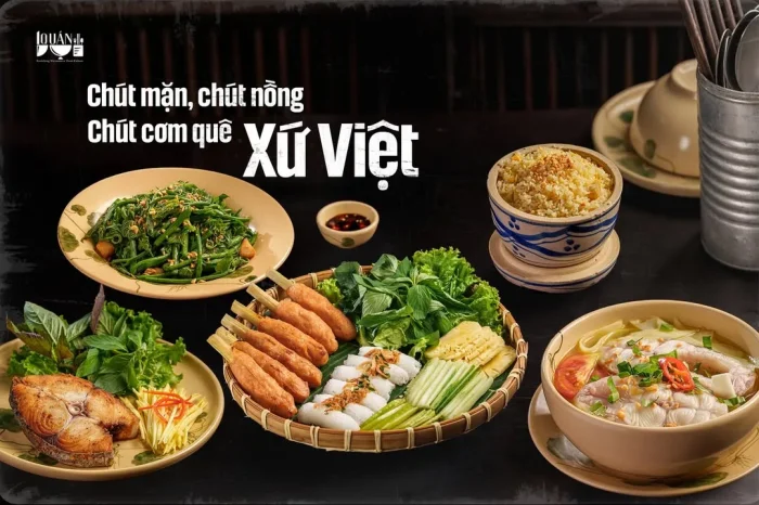 Mâm cơm nhà truyền thống ấm cúng tại Quán Bụi