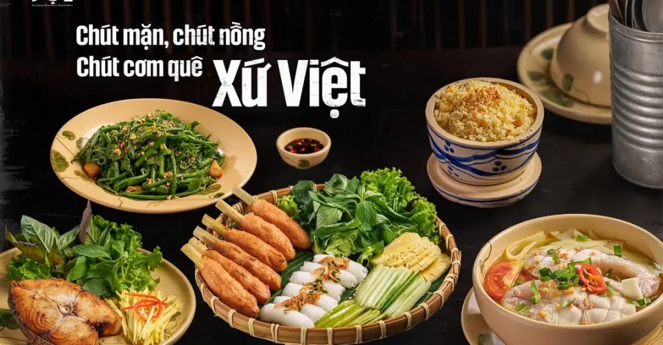 Mâm cơm nhà truyền thống ấm cúng tại Quán Bụi